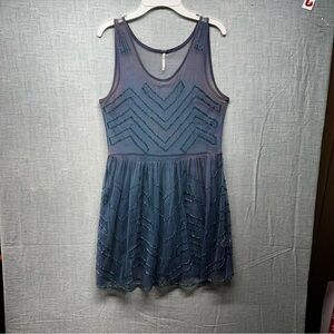 Free People Beaded Mesh Mini Dress Blue Chevron Sequin Sexy Party Sheer XS TP